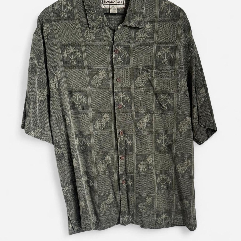 Jamaica Jaxx Vintage Olive Green 100% Silk Hawaiian Camp Shirt Size L